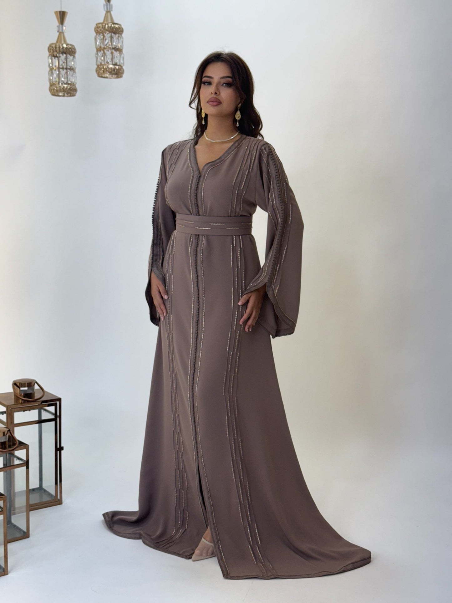 Fantasy bridal gown - Caftan Malika Taupe | Pearl mini gown | Bias low open back | Corset wedding dress | Fairy wedding dress