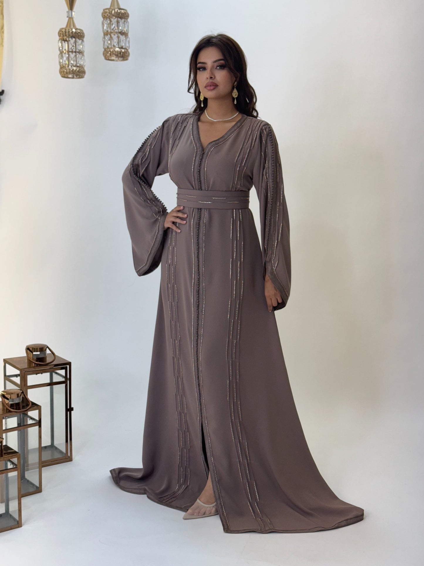 Fantasy bridal gown - Caftan Malika Taupe | Pearl mini gown | Bias low open back | Corset wedding dress | Fairy wedding dress